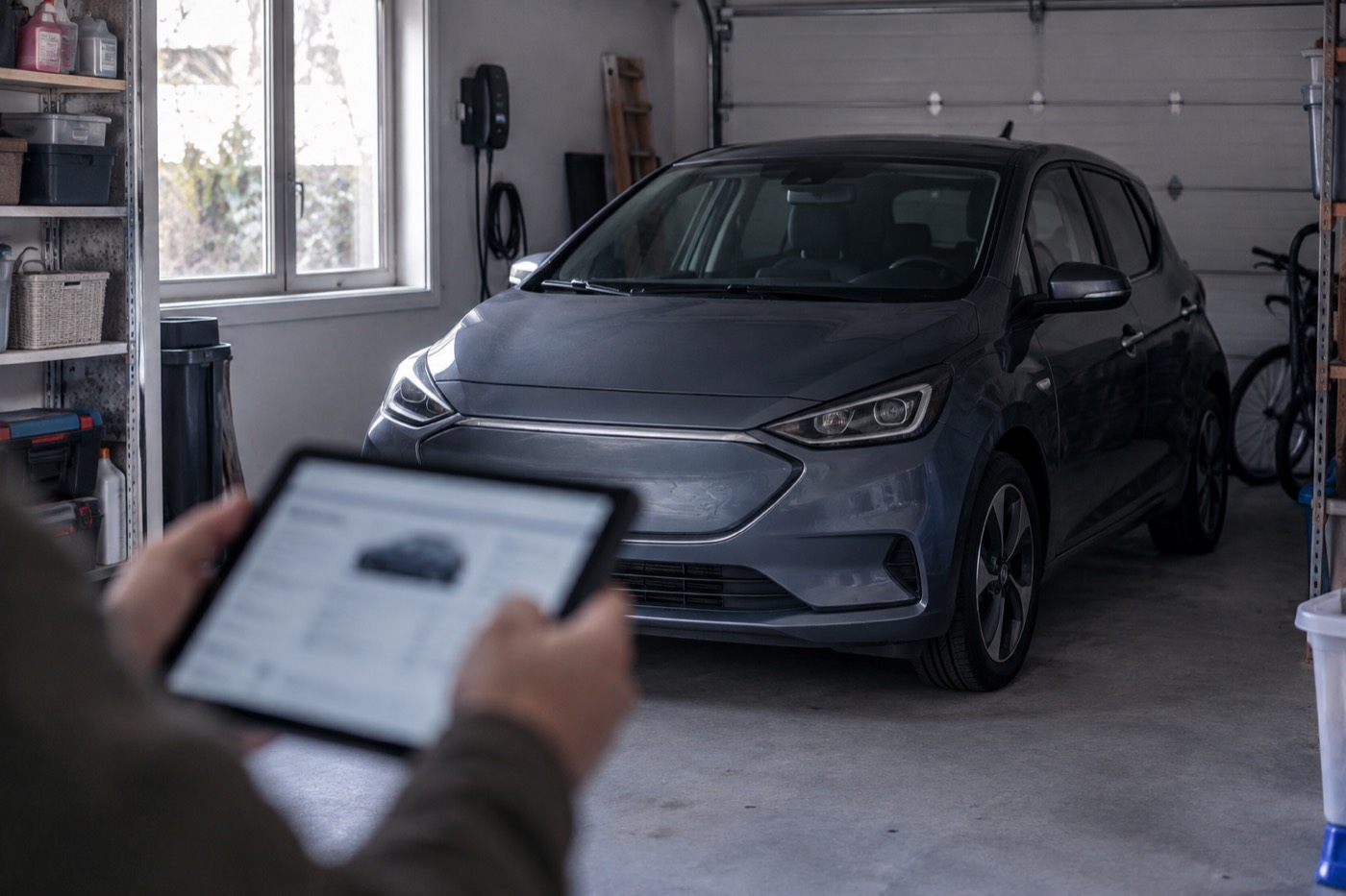 Begagnad elbil i ett garage medan någon kontrollerar bilens historik på en surfplatta