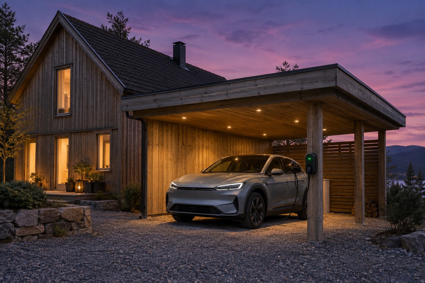 Laddbox monterad i en carport där en elbil laddas på kvällen
