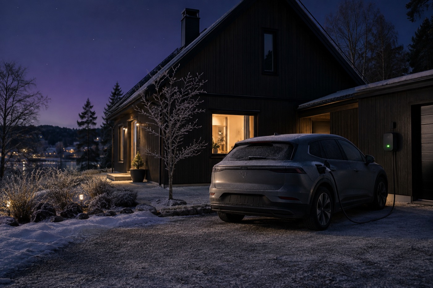 Elbil laddar från laddbox utanför ett hus en kall natt