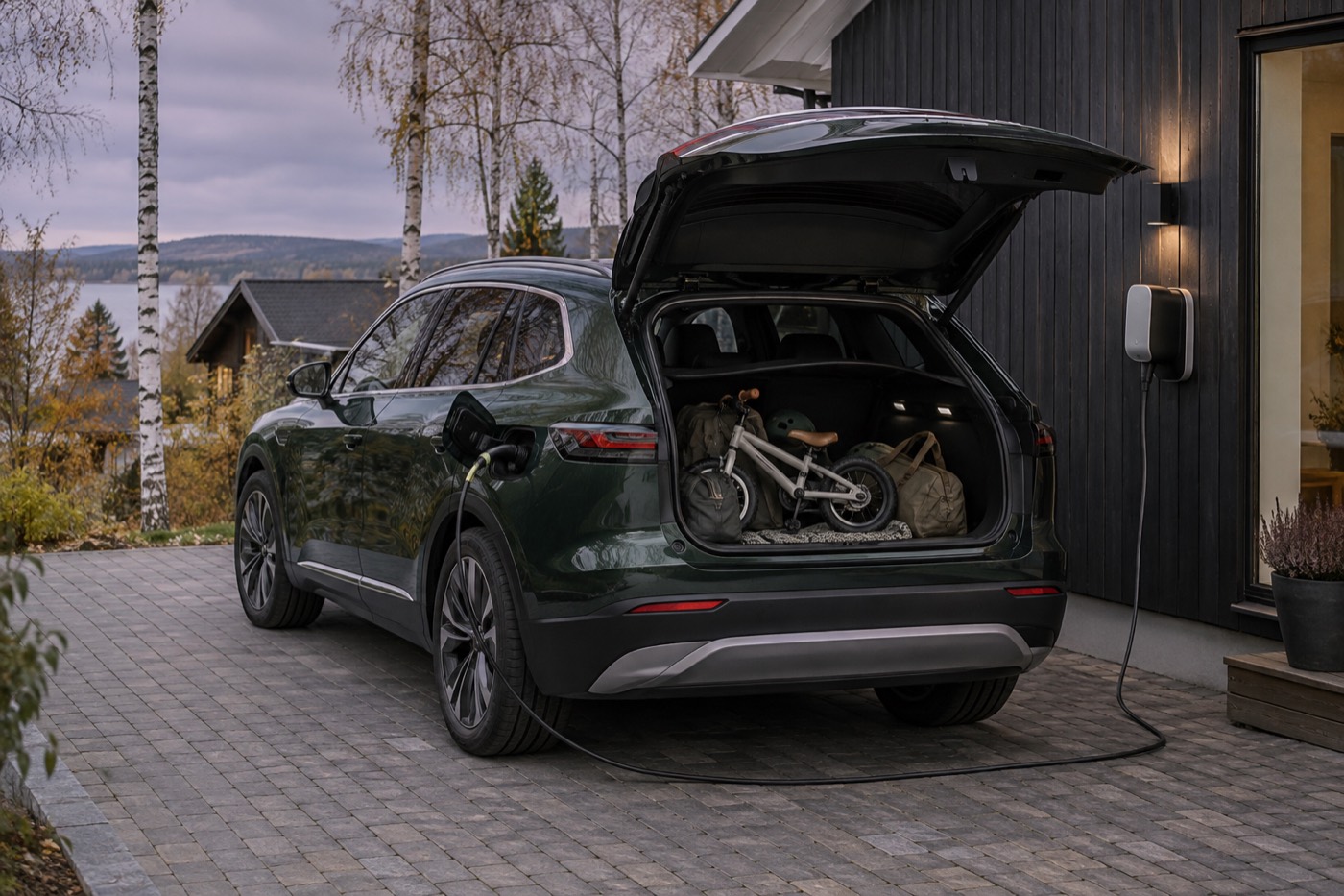 Mörkgrön eldriven SUV laddar på uppfarten till ett nordiskt familjehus