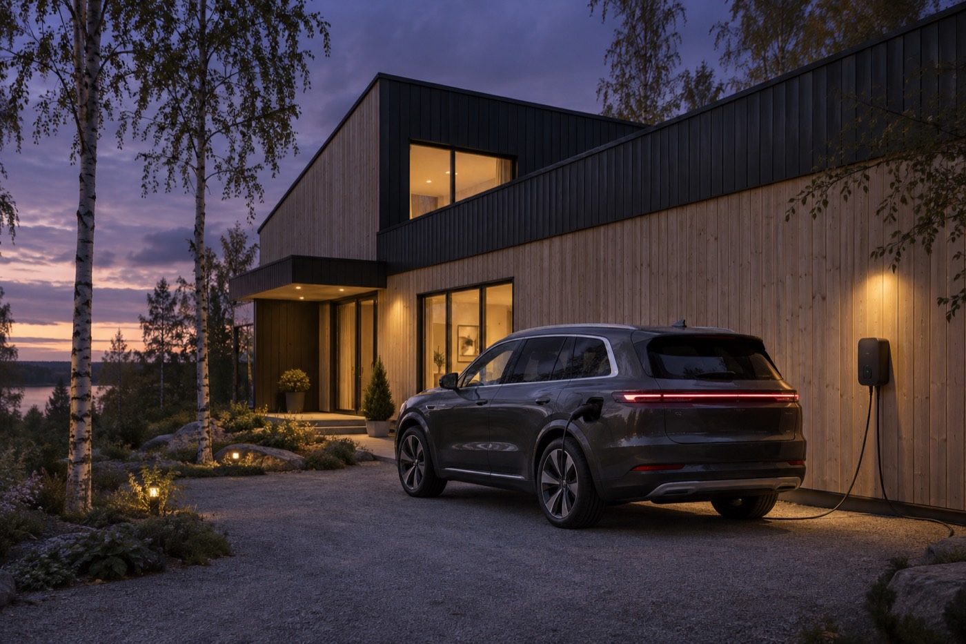 Mörkgrå eldriven SUV laddar från en väggmonterad laddbox vid ett modernt hus i skymning