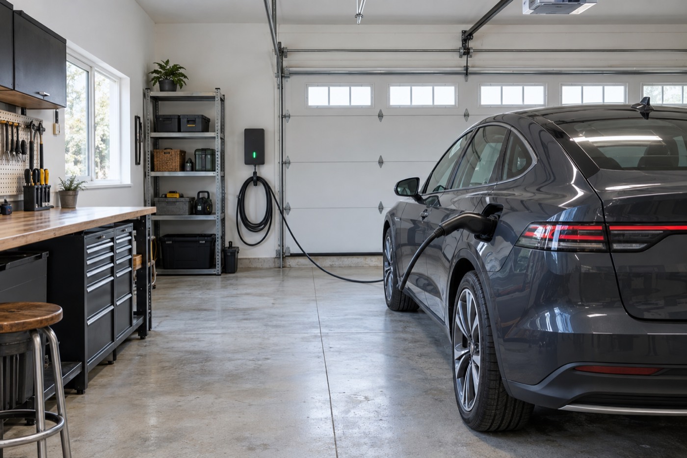 Laddbox monterad på väggen i ett garage med en elbil ansluten