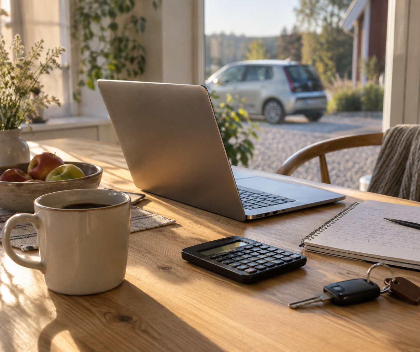 Köksbord med laptop, miniräknare och bilnycklar i morgonljus