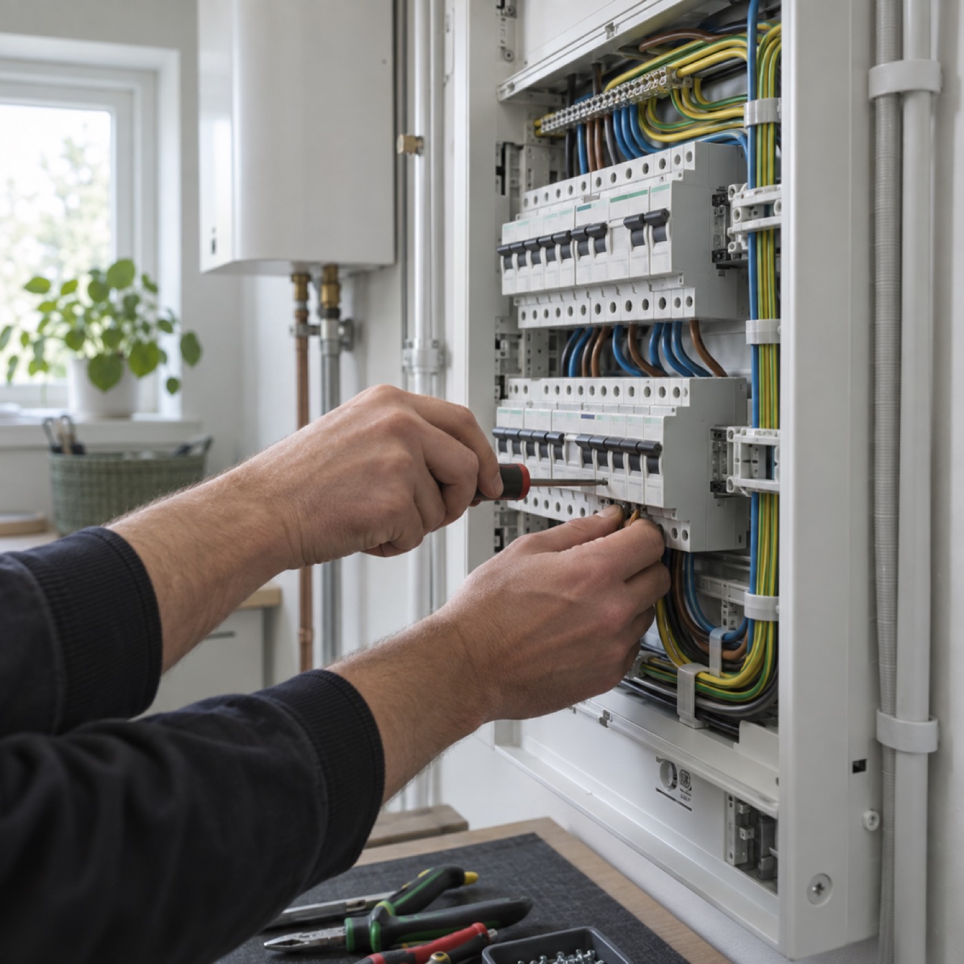 Elektriker kopplar in en laddbox i en elcentral