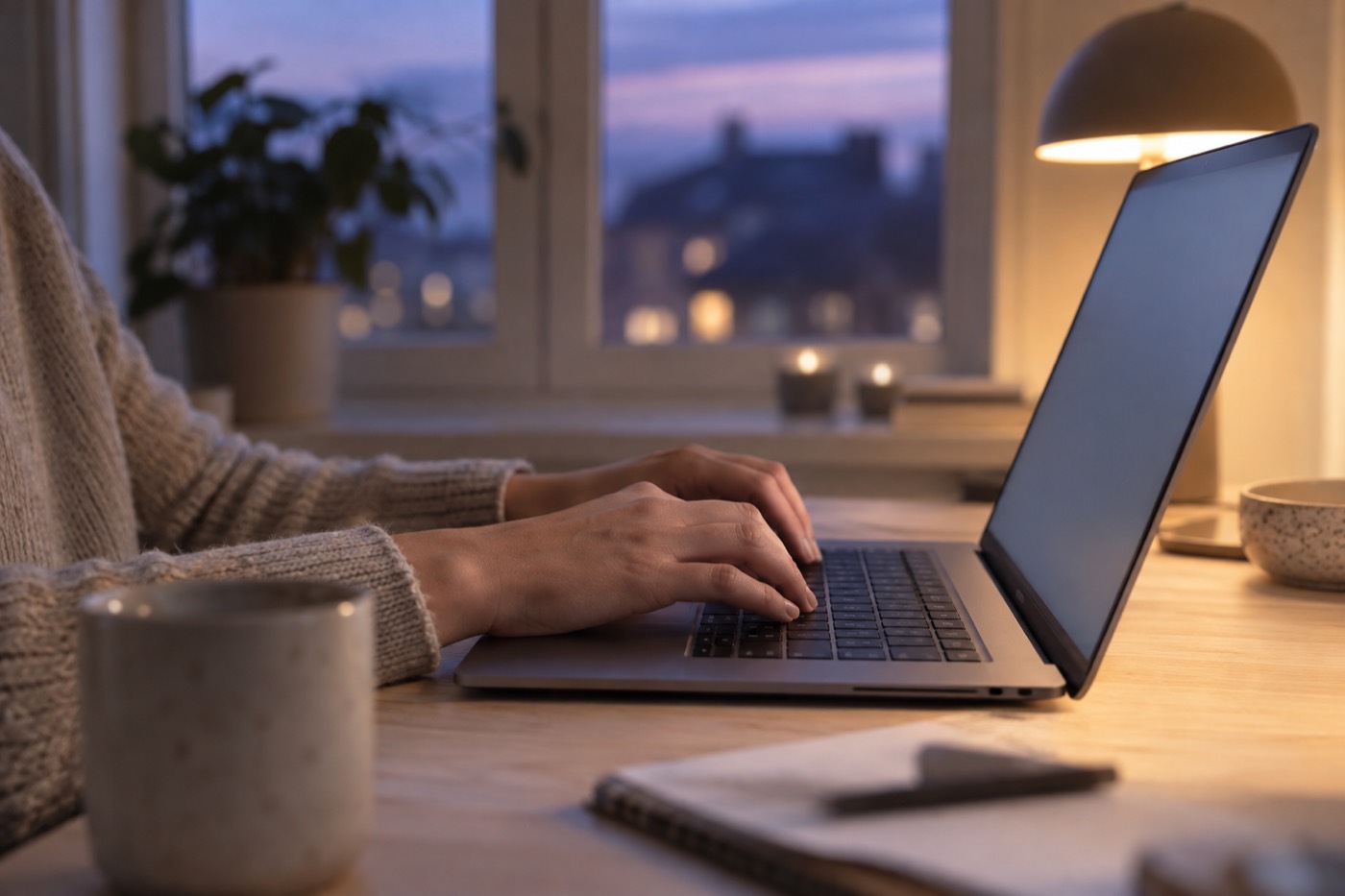 Händer som skriver på en laptop vid ett bord i lugnt kvällsljus
