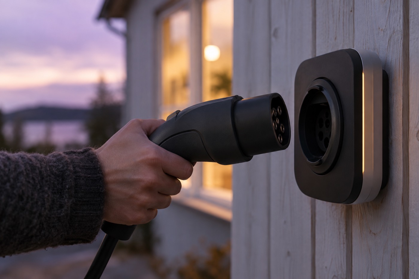 Hand som ansluter typ 2-kontakt till en kompakt laddbox på husvägg