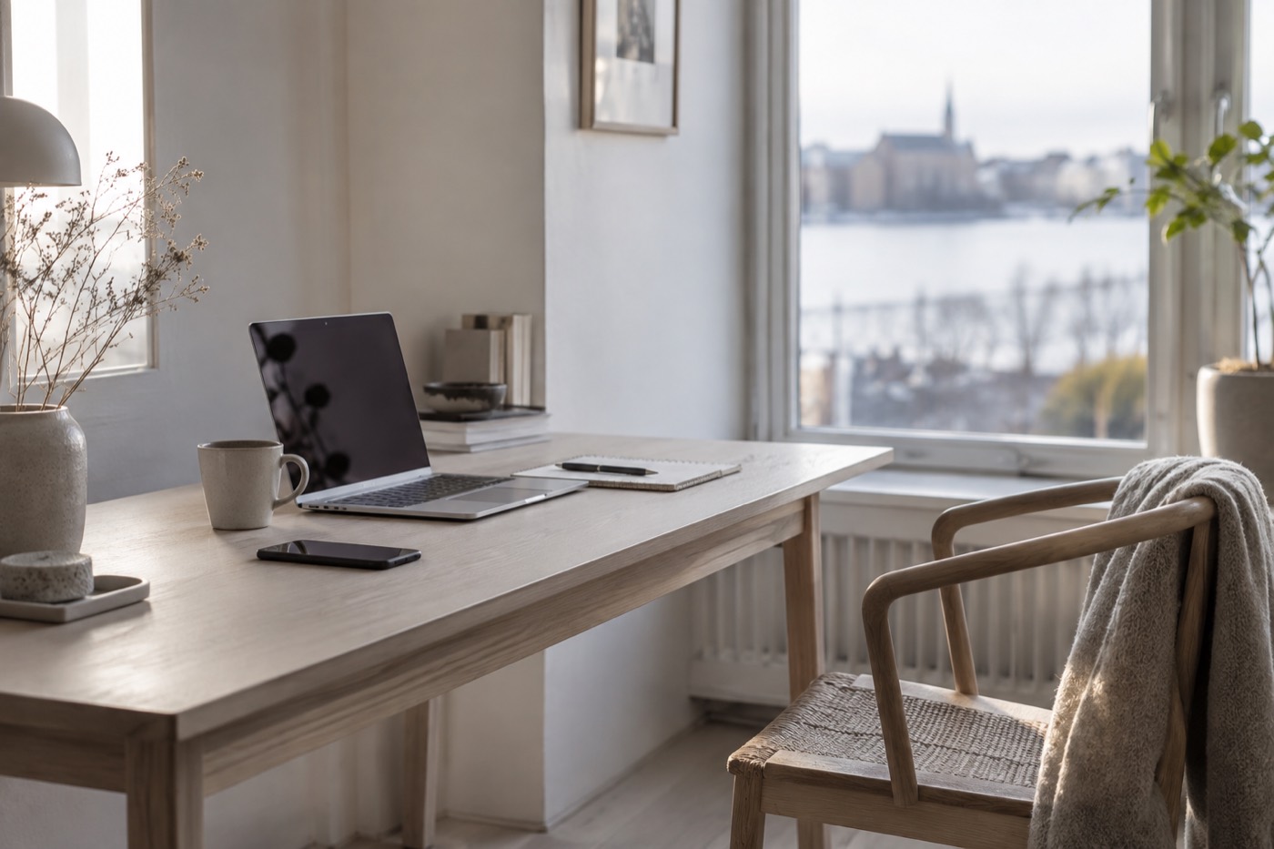 Ljus arbetsplats med laptop, telefon och anteckningsblock vid ett fönster
