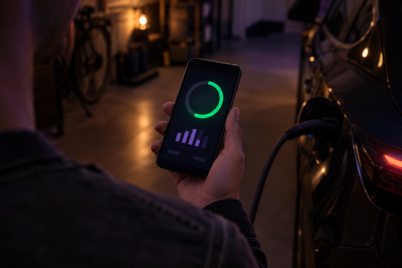 Mobilapp som visar ett laddschema medan bilen laddas i ett garage