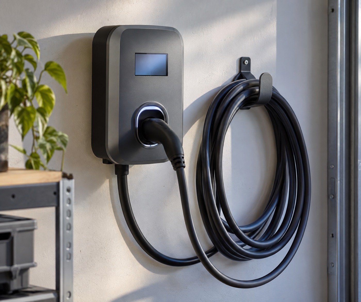 Laddbox med display och fast laddkabel på en garagevägg