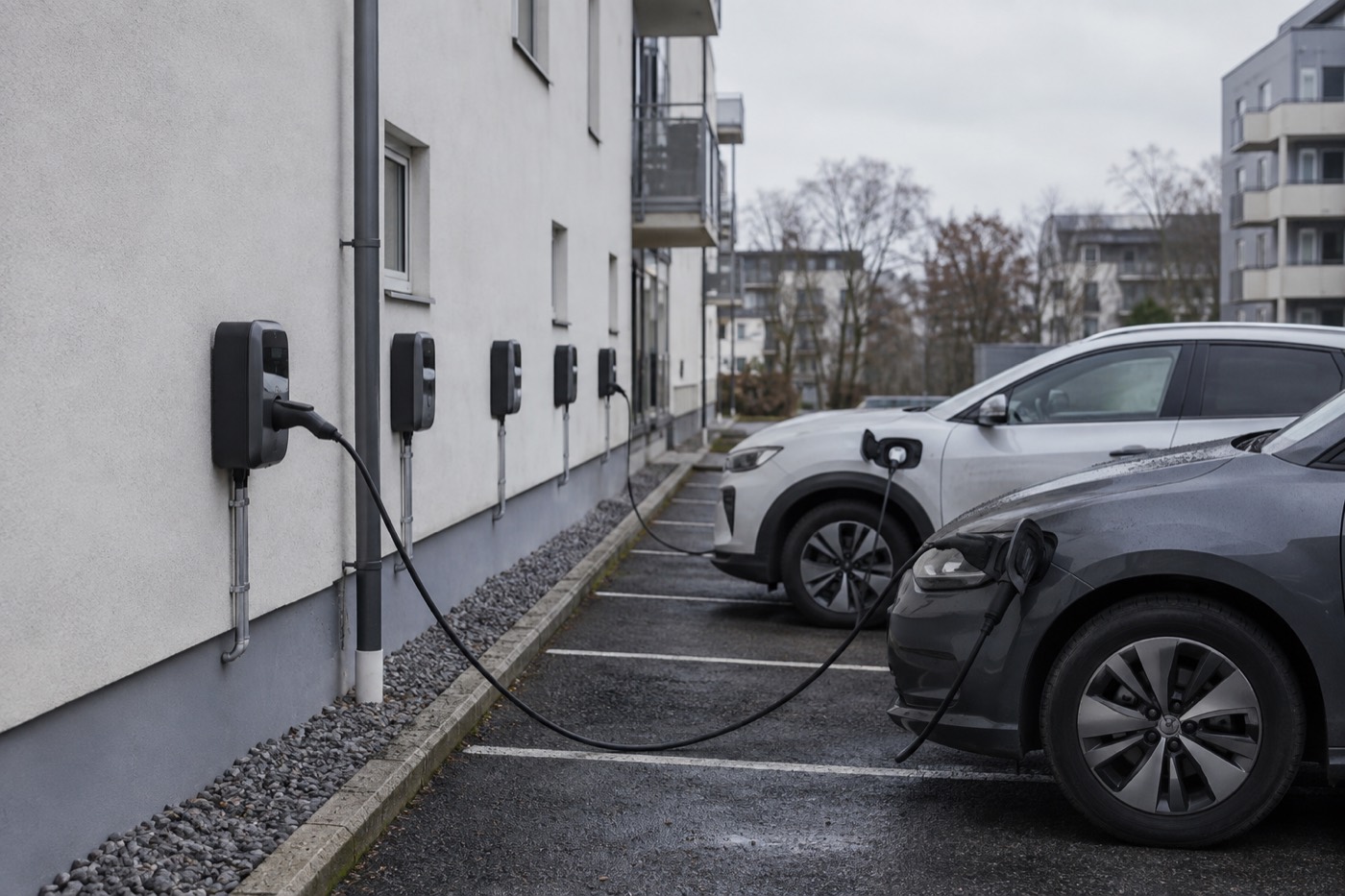 Rad med laddboxar längs en vägg vid ett flerfamiljshus