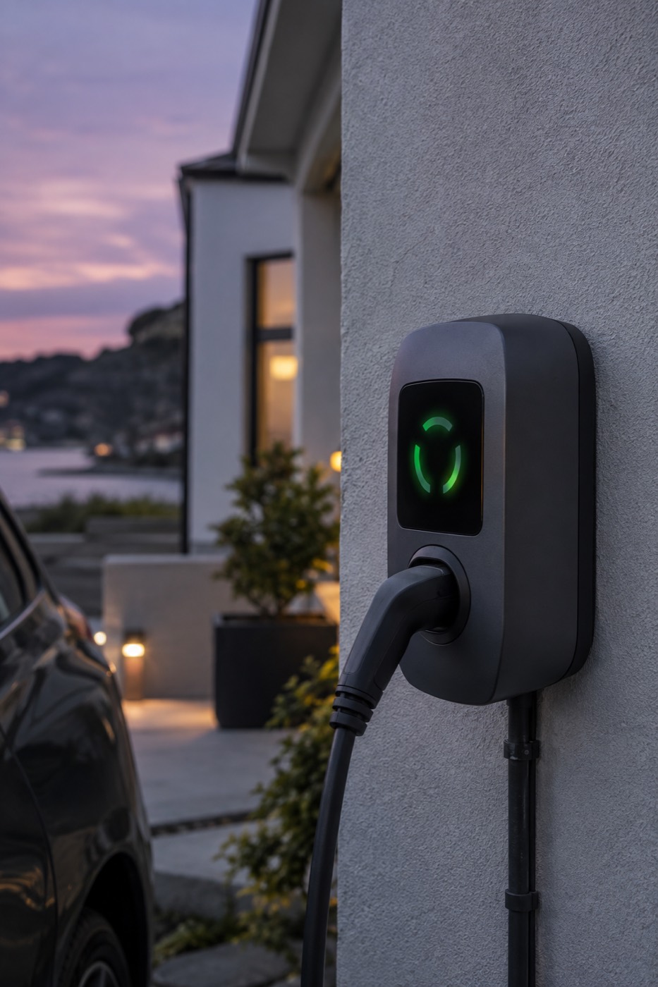 Kompakt laddbox med display på fasaden till ett hus
