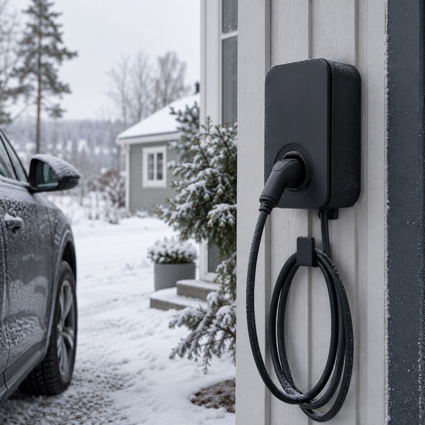 Laddbox på husvägg med snö och frost
