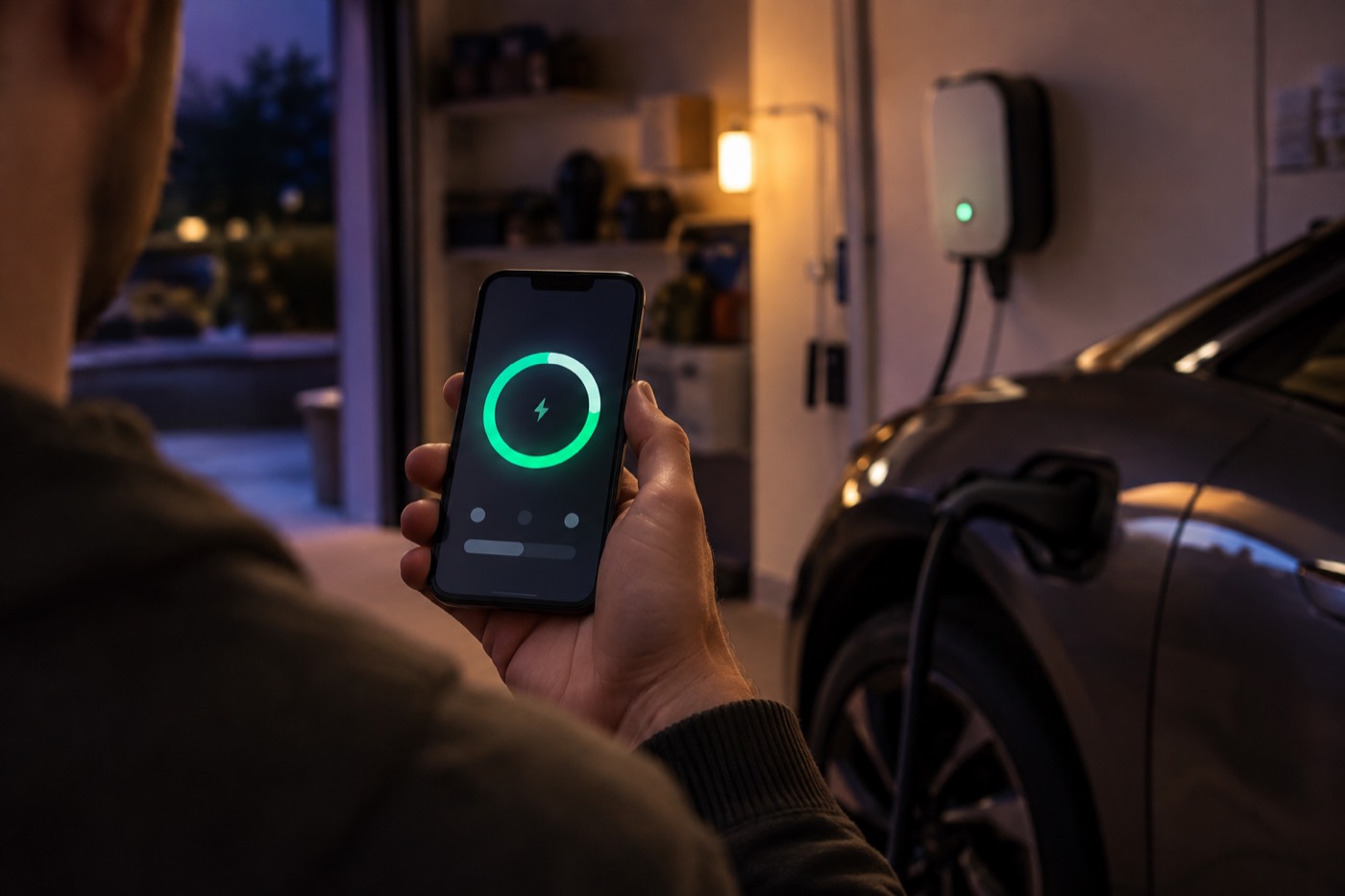 Mobilapp som visar laddningen medan elbilen laddas i garaget