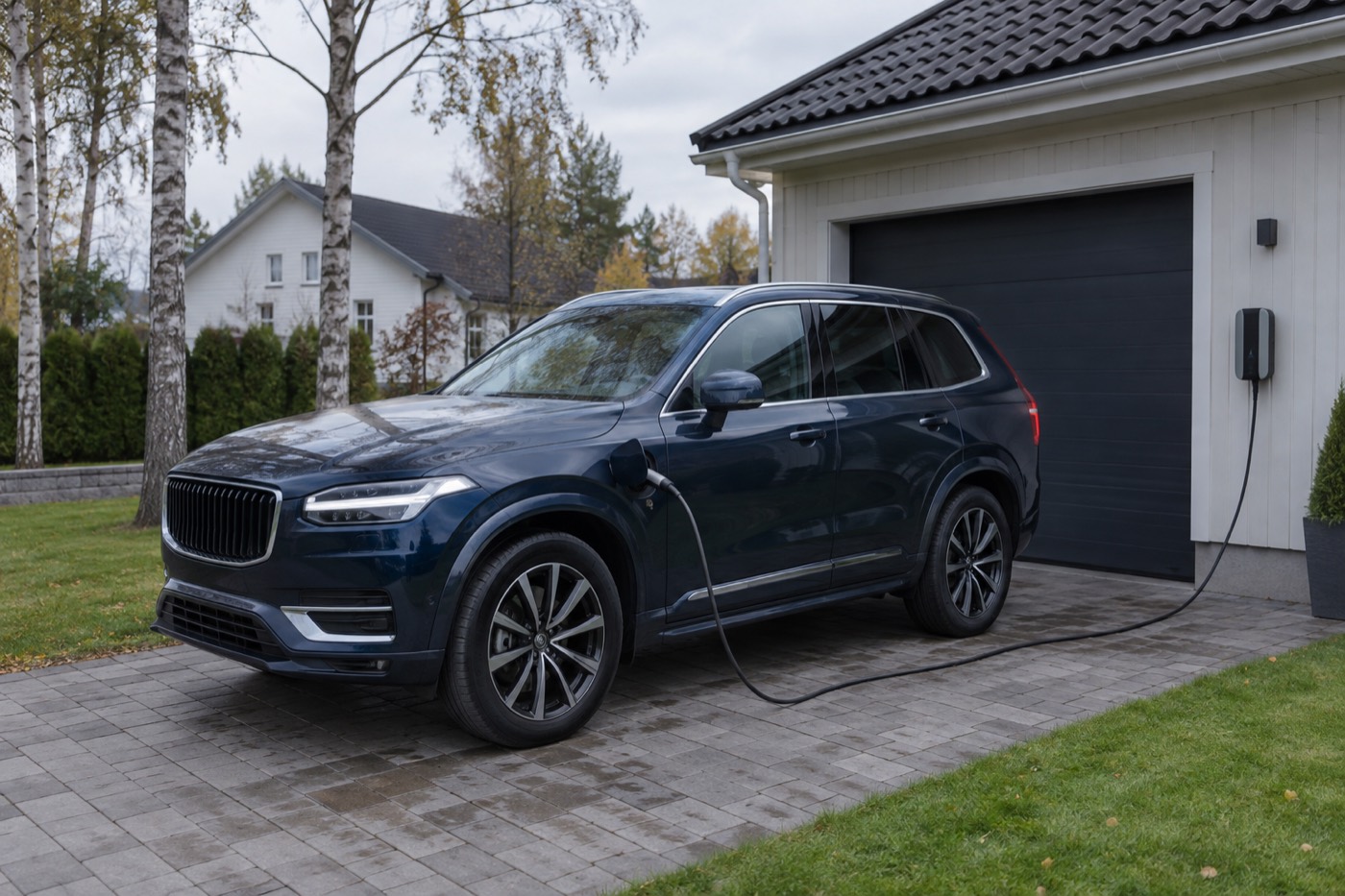 Laddhybrid ansluten till en väggmonterad laddbox på uppfarten till ett hus