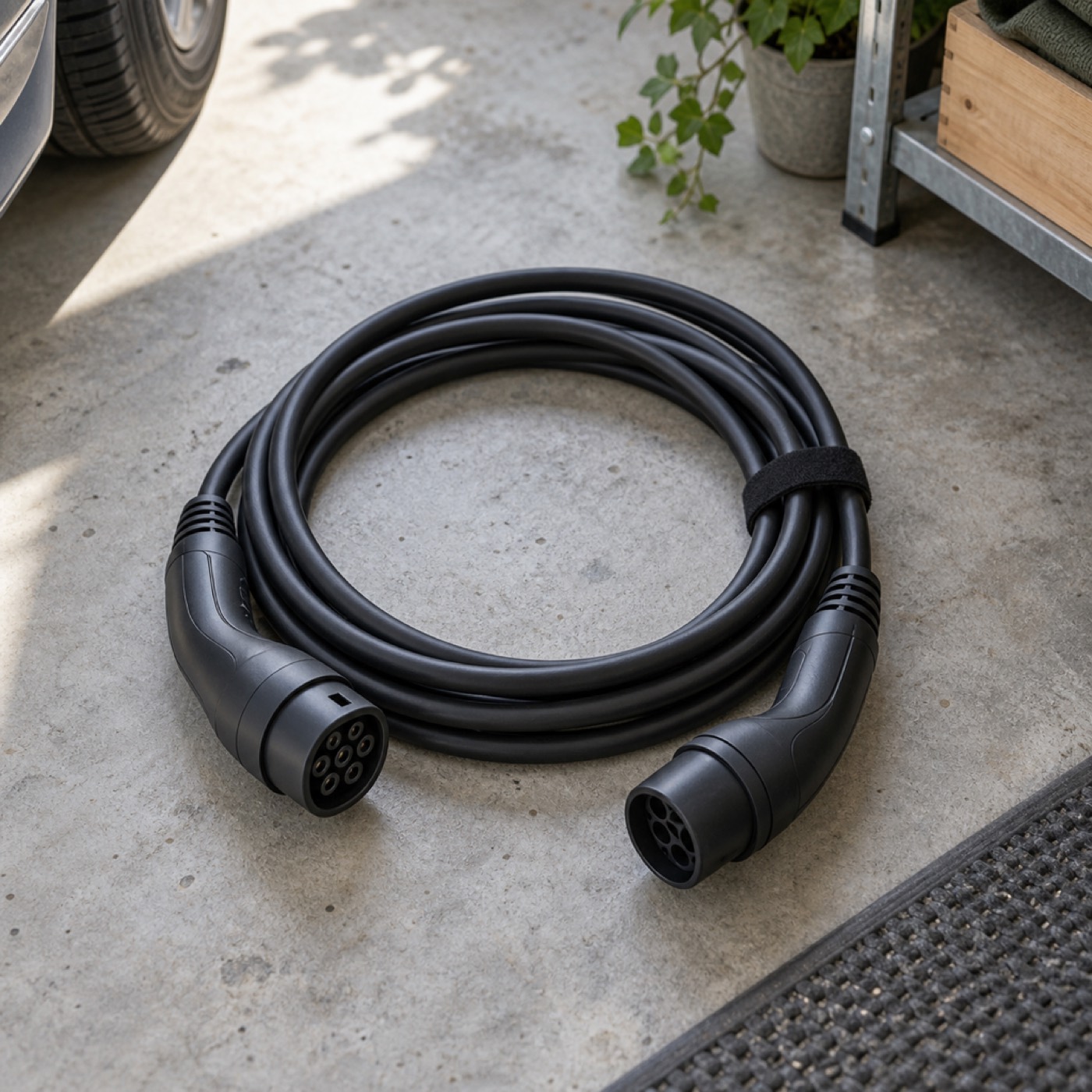 Ihoprullad Typ 2-laddkabel på ett garagegolv