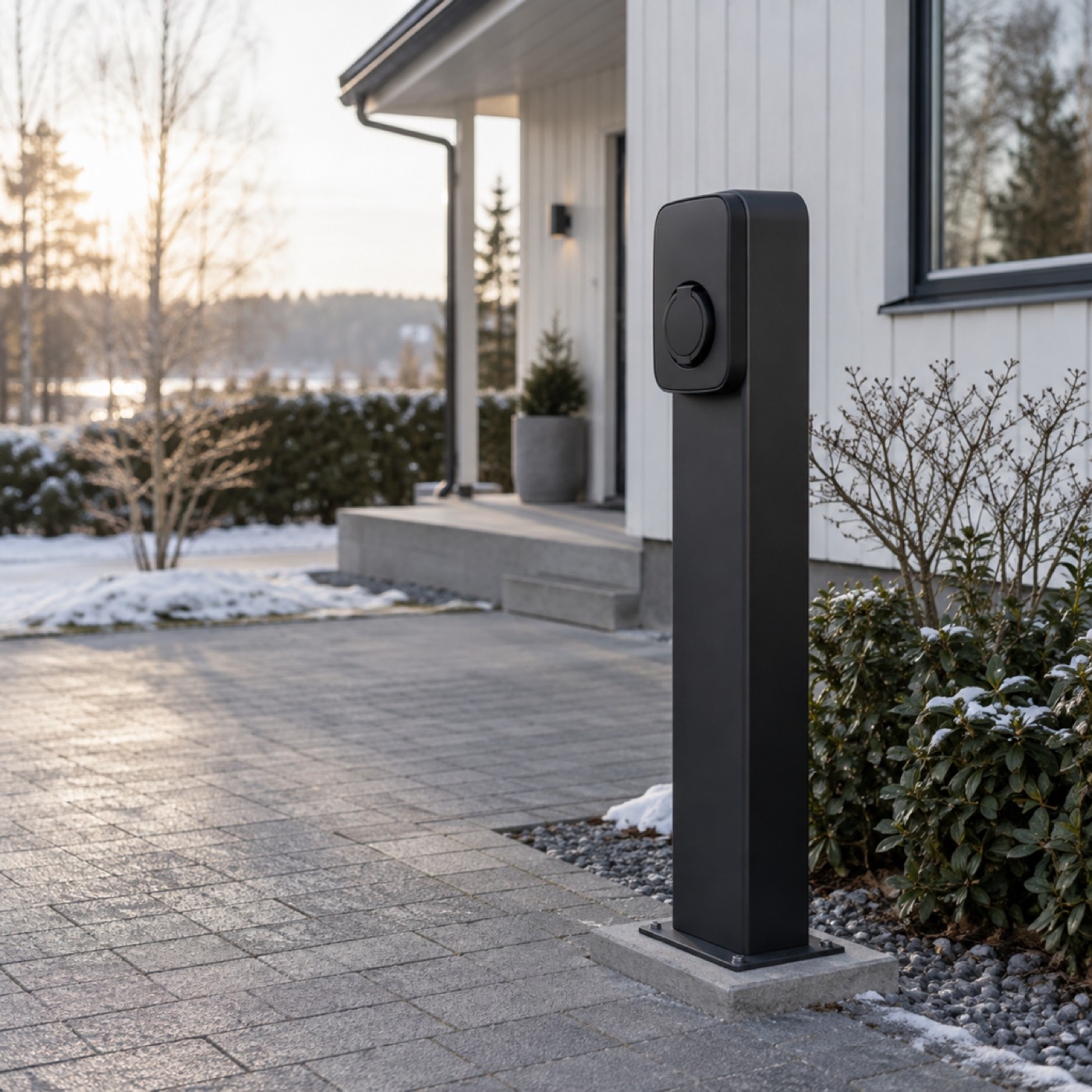 Svart laddstolpe på en uppfart vid ett hus