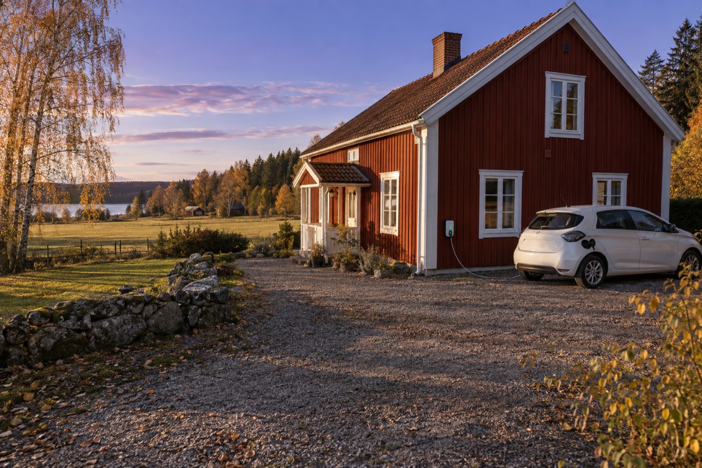 Elbil laddar vid ett rött trähus på landsbygden i eftermiddagsljus