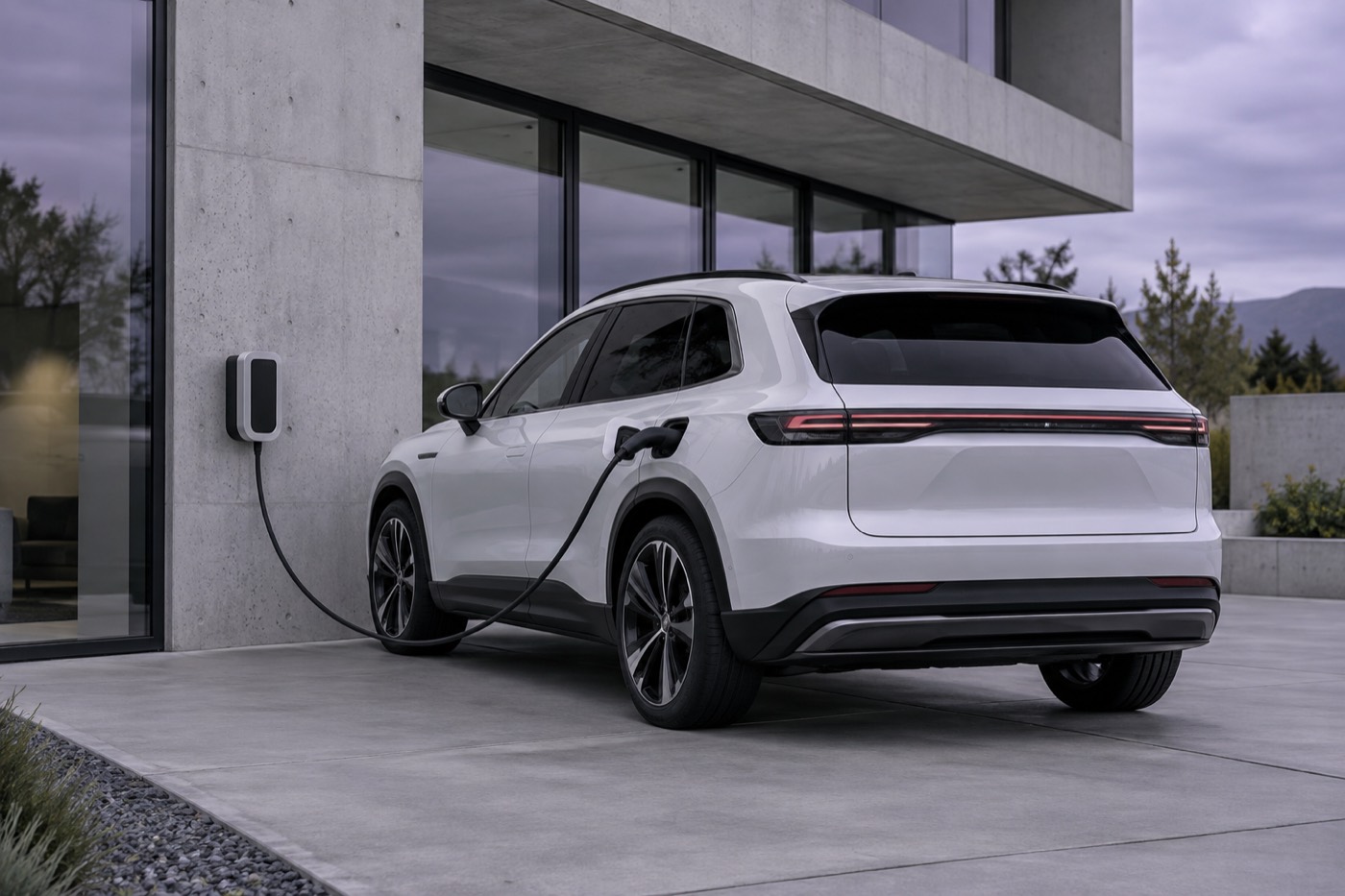 Modern vit eldriven SUV ansluten till en väggladdare framför en minimalistisk byggnad