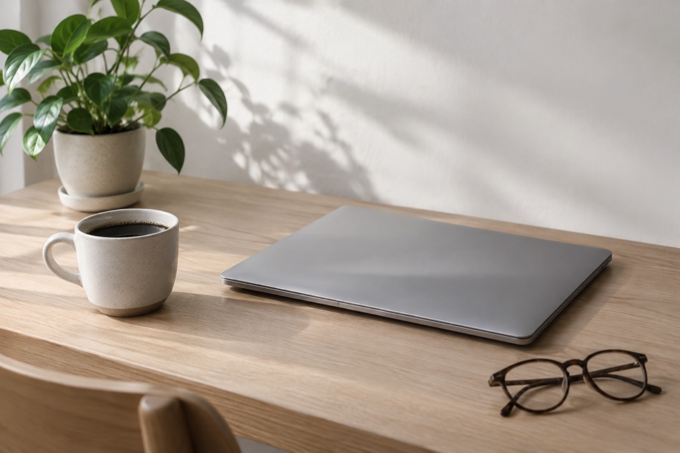 Nordiskt skrivbord med laptop och kaffekopp i dagsljus
