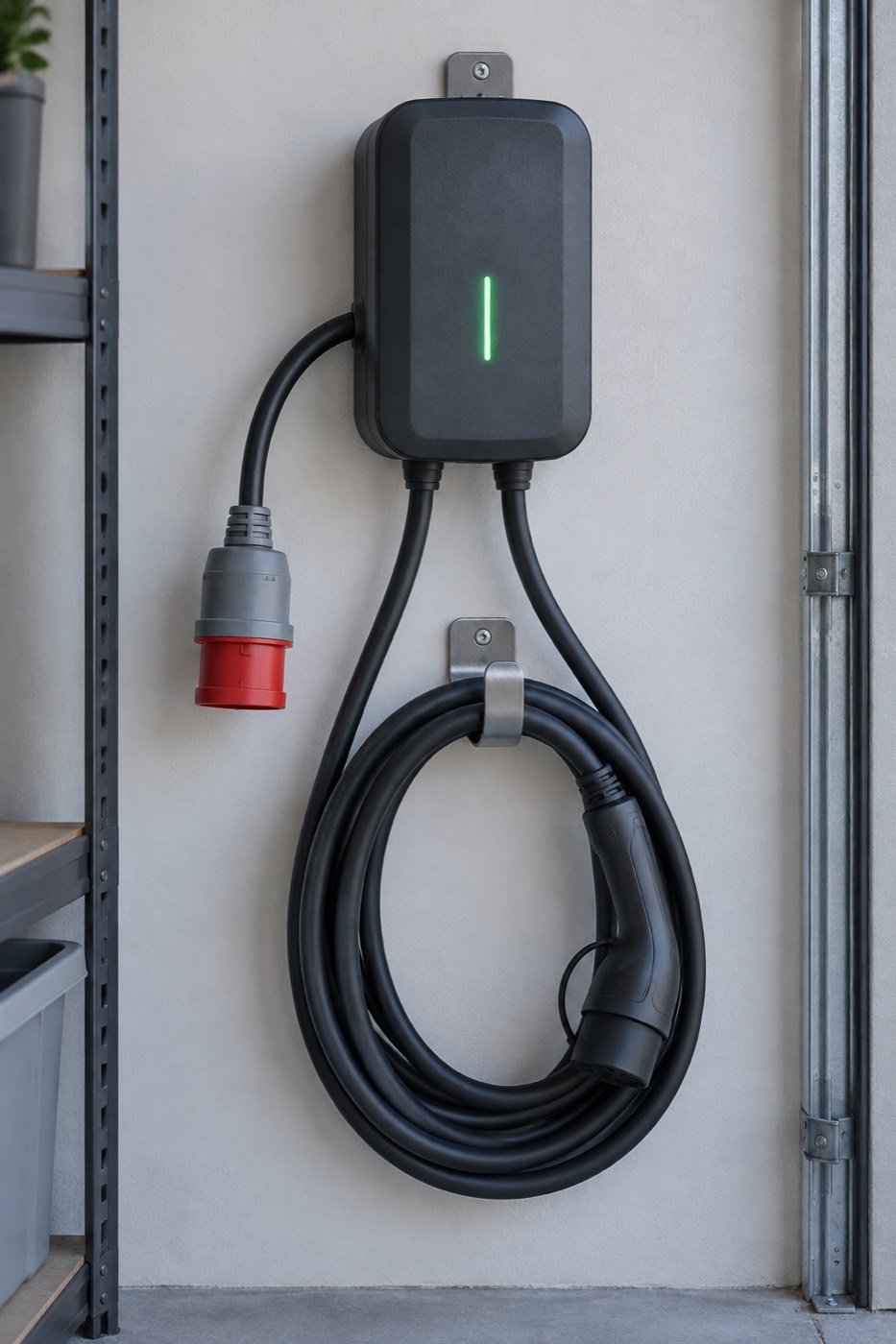 Kompakt portabel laddbox på en garagevägg med två fasta kablar upphängda