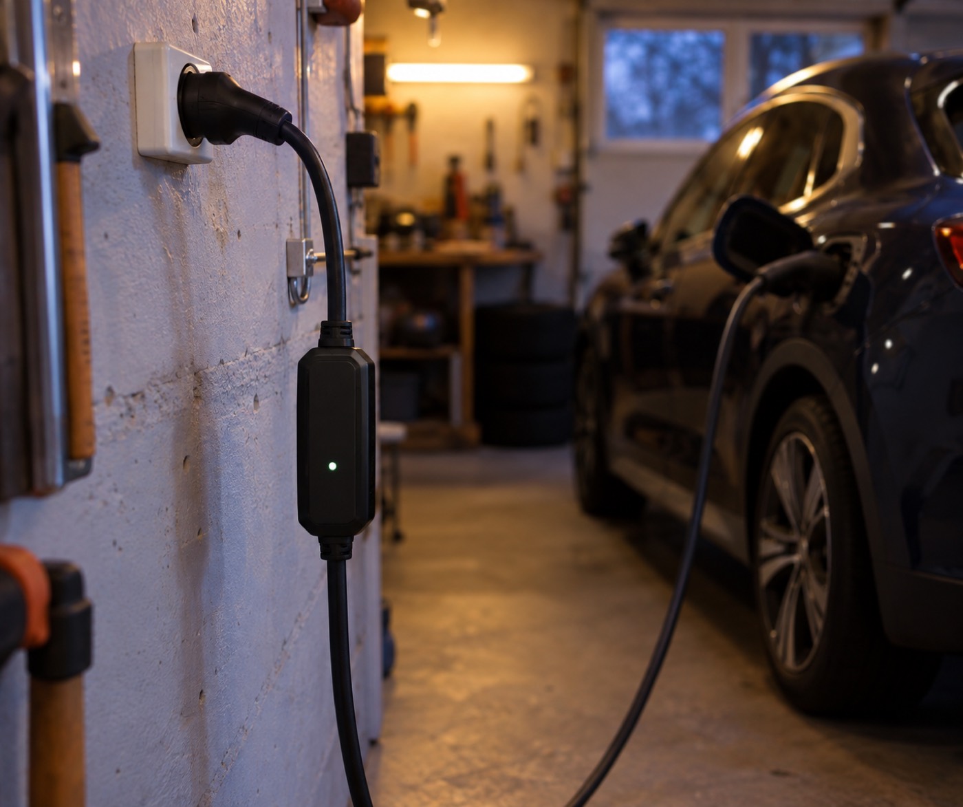 Portabel elbilsladdare ansluten till ett vanligt jordat uttag i ett garage