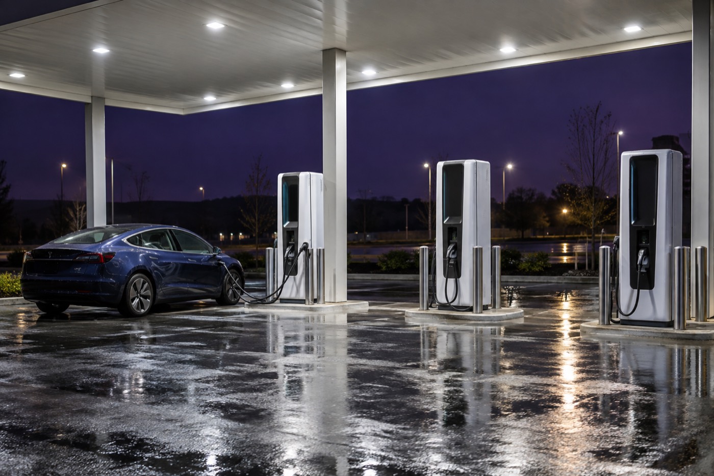 Snabbladdare under upplyst tak på en laddstation nattetid