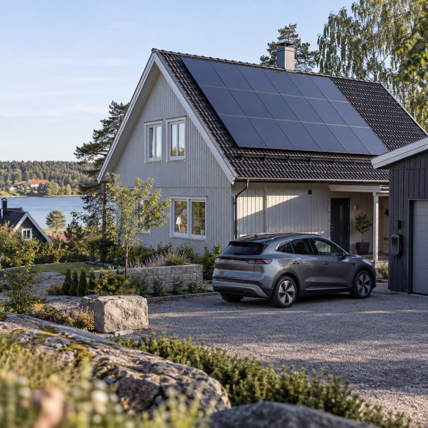Solceller på villatak med elbil som laddar på uppfarten