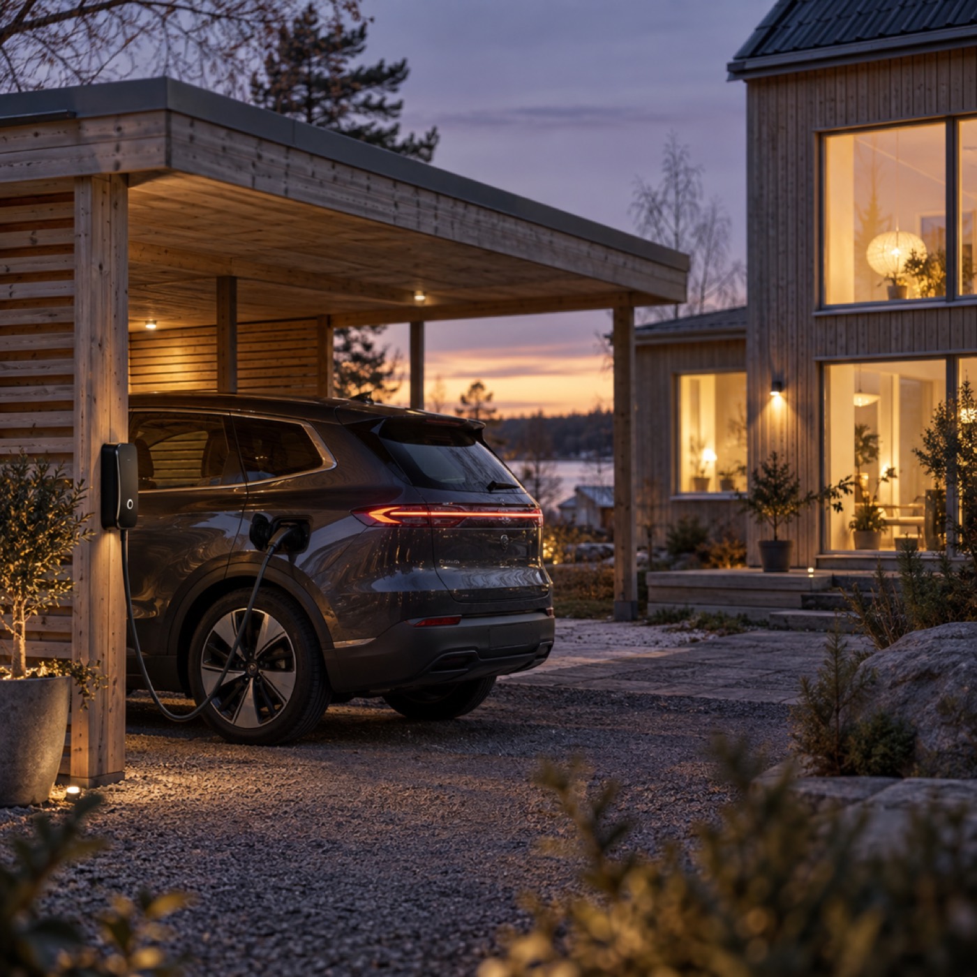 Elbil laddar under carport vid ett svenskt hus i skymning, förberedd för dubbelriktad laddning