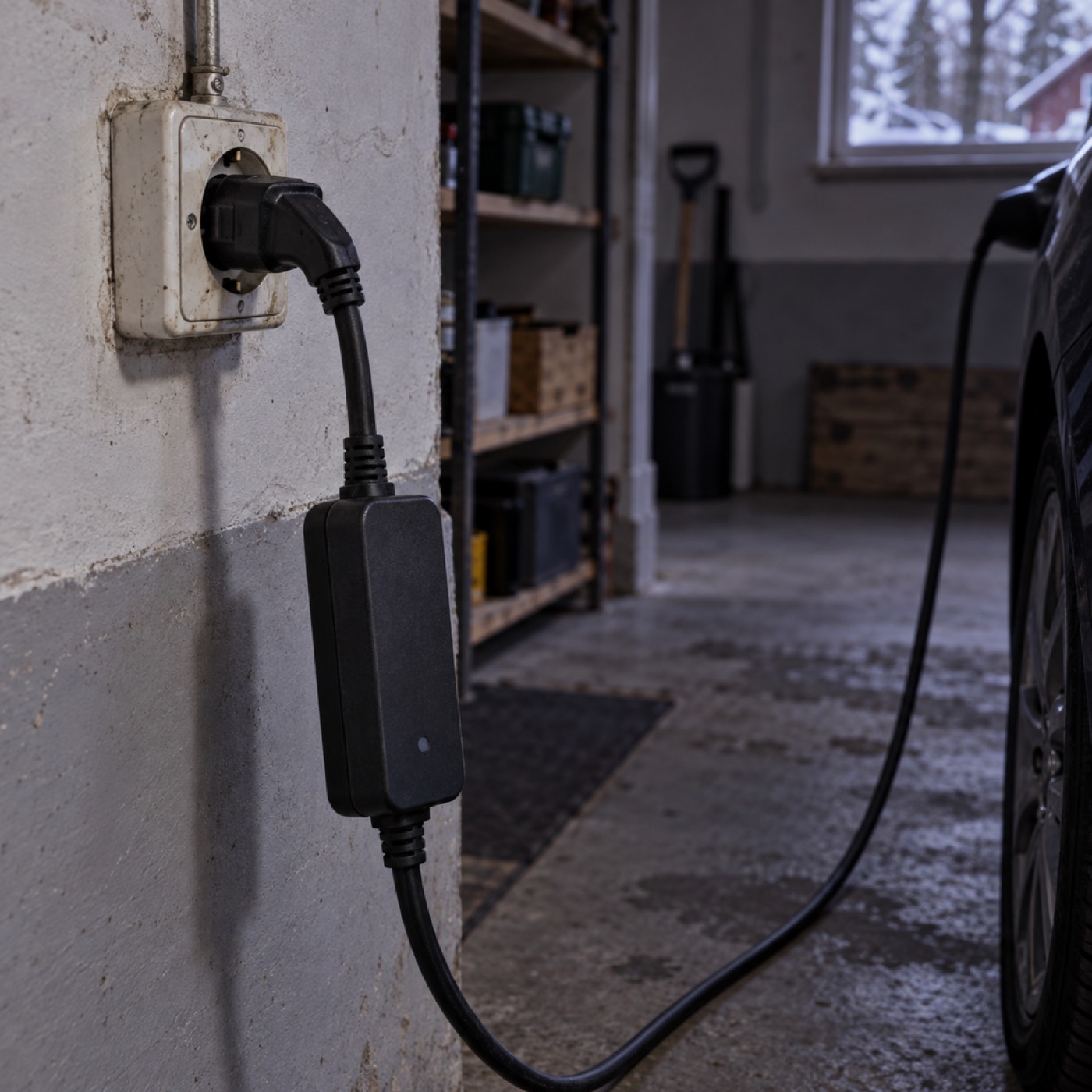 Elbil laddar långsamt via ett vanligt vägguttag med schuko-kabel