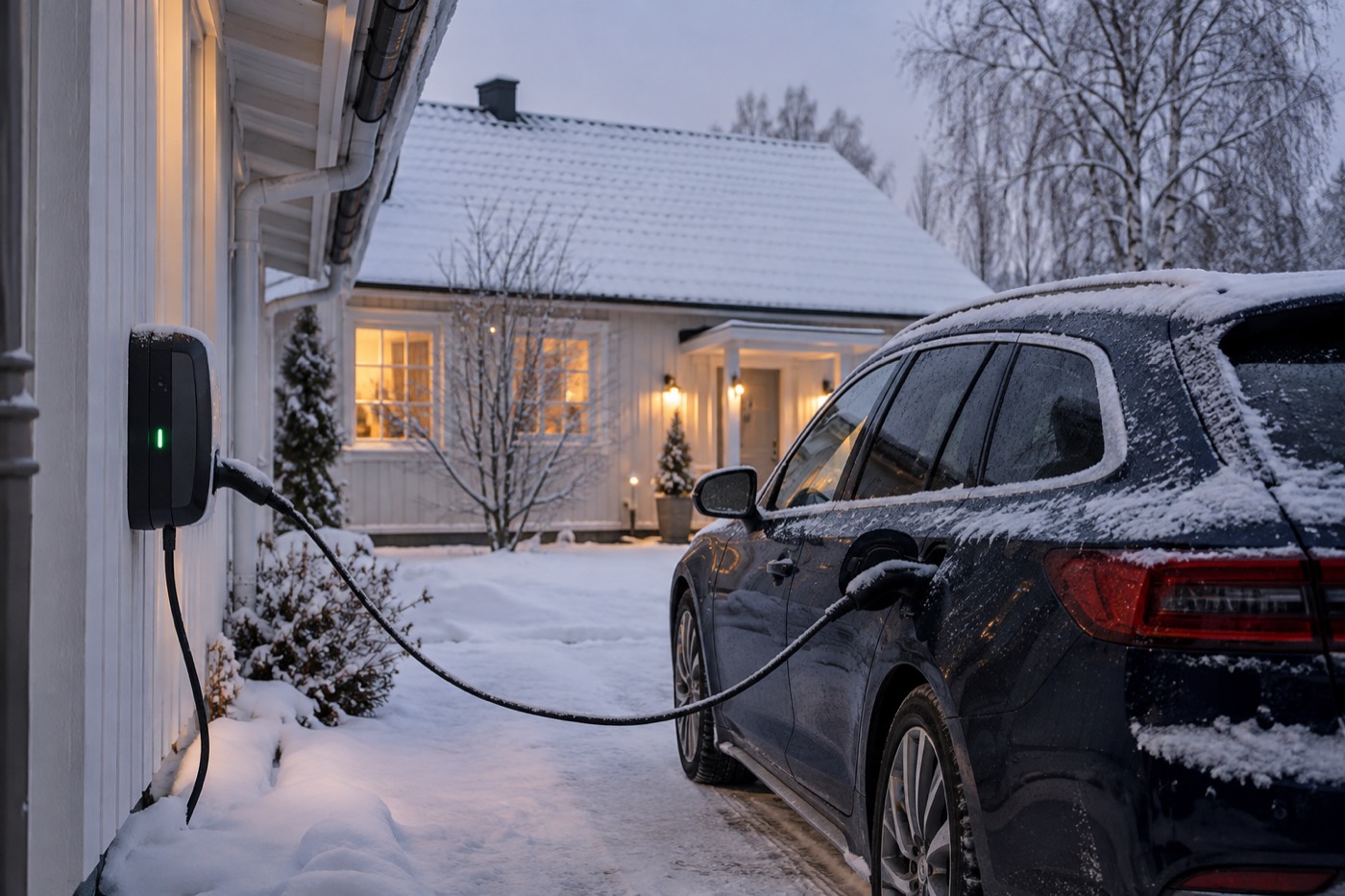 Elbil laddar från laddbox på en snötäckt uppfart vid en villa på vintern
