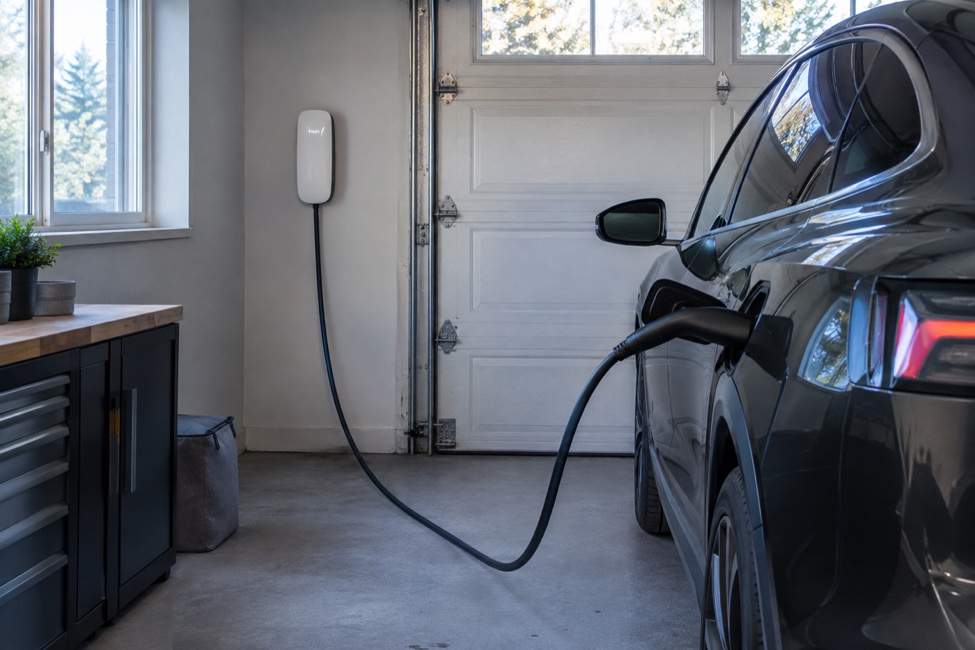 Slimmad vit laddbox i ett garage med ansluten elbil