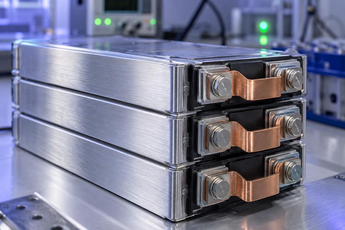 Närbild på staplade battericeller på en laboratoriebänk