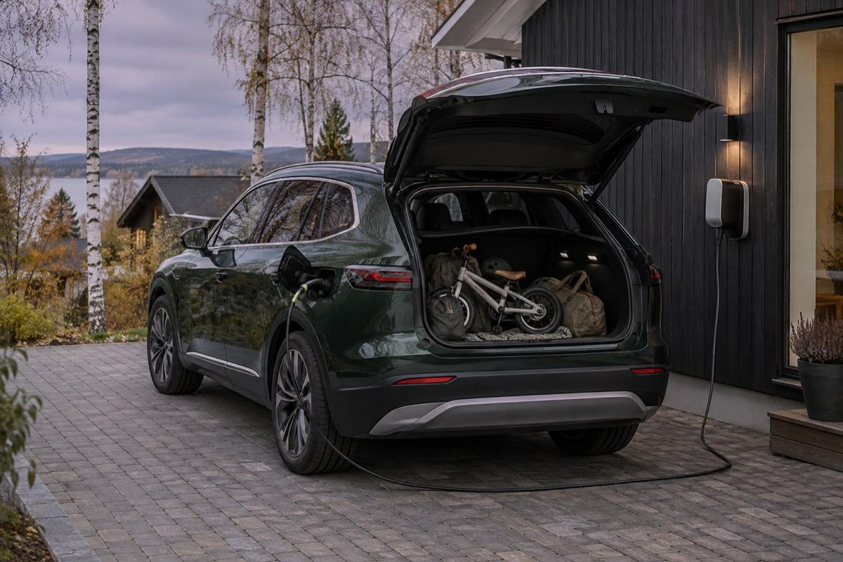 Mörkgrön eldriven SUV laddar på uppfarten till ett nordiskt familjehus
