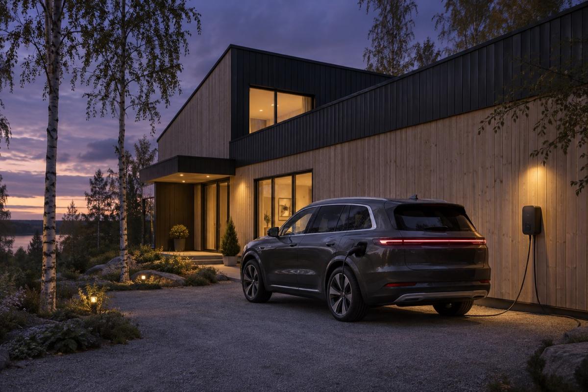 Mörkgrå eldriven SUV laddar från en väggmonterad laddbox vid ett modernt hus i skymning