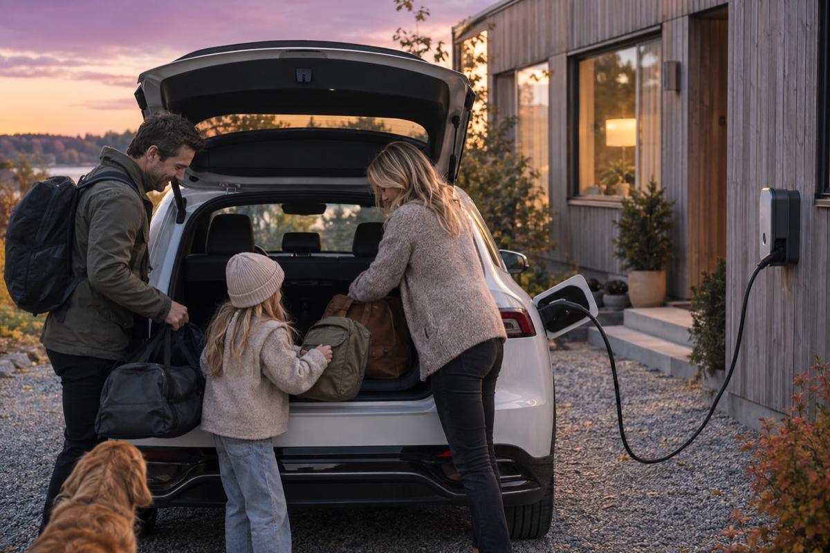 Familj lastar bilen på uppfarten medan elbilen laddas från laddboxen
