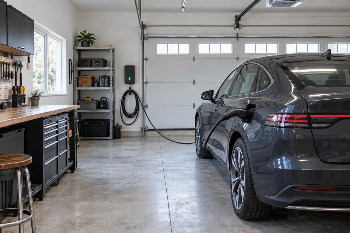 Laddbox monterad på väggen i ett garage med en elbil ansluten