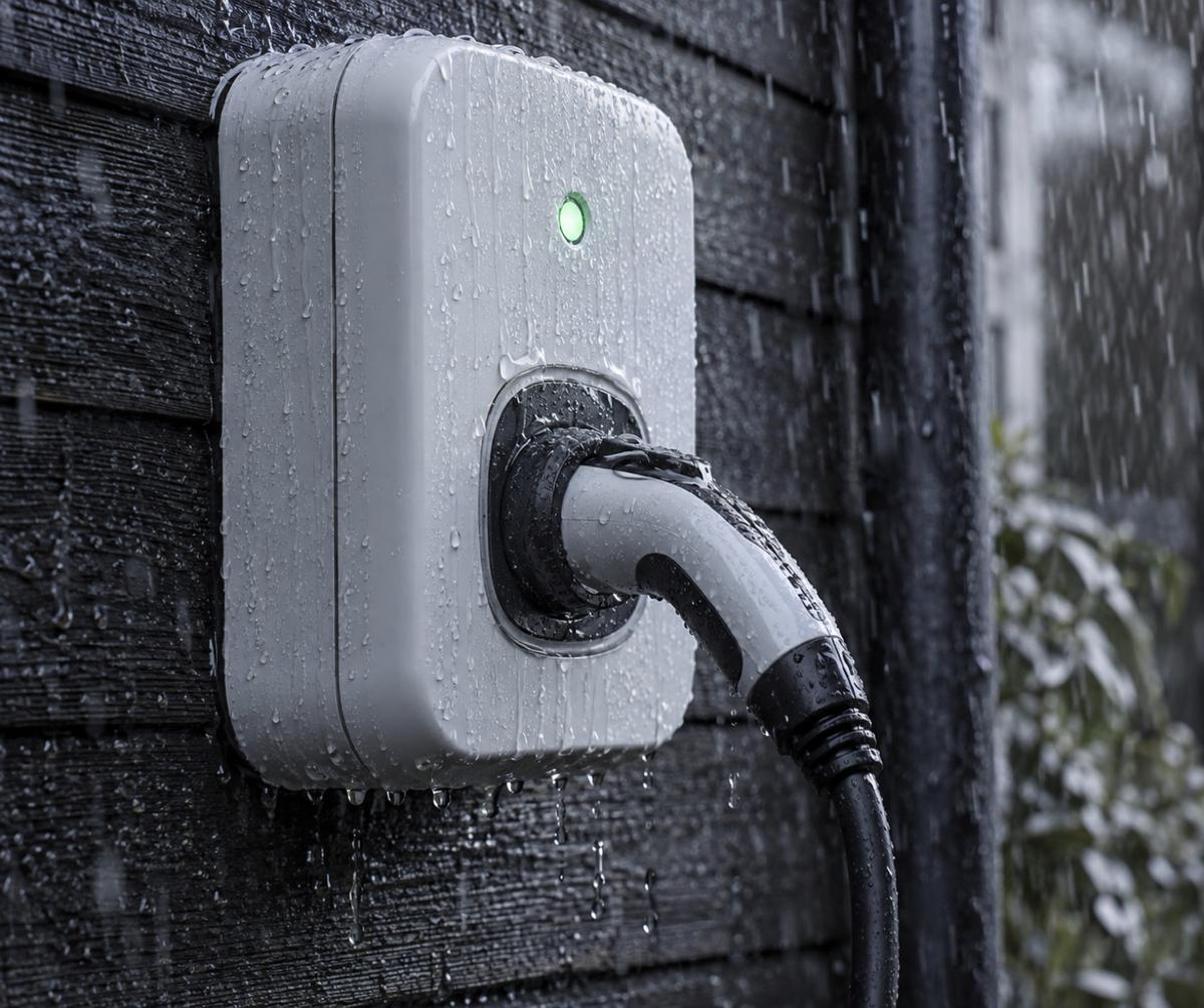 Väderskyddad laddbox i kraftigt regn med vattendroppar på höljet