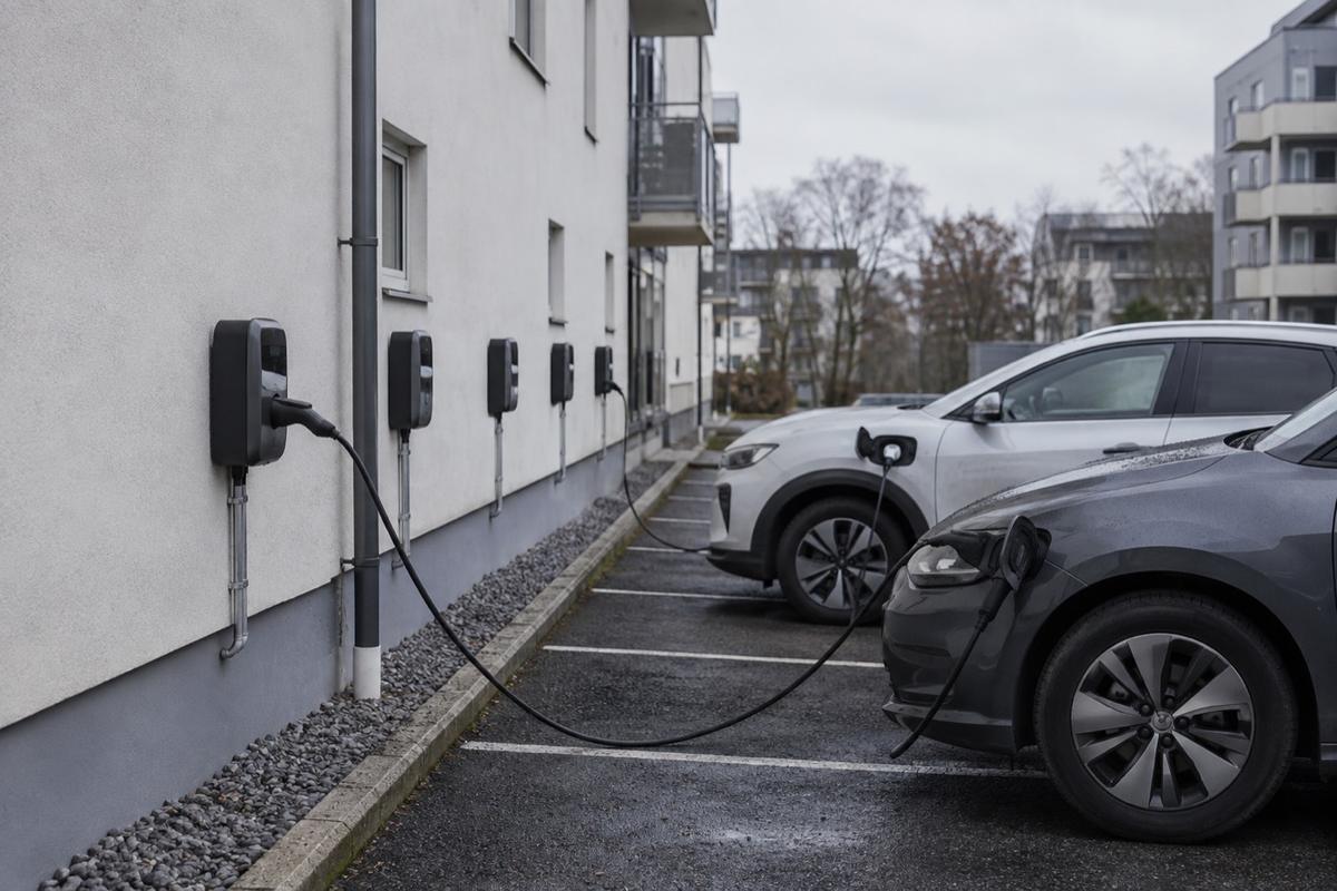 Rad med laddboxar längs en vägg vid ett flerfamiljshus