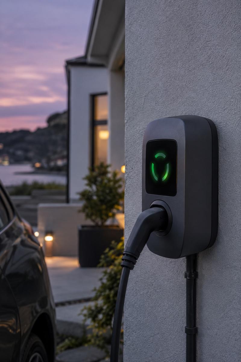 Kompakt laddbox med display på fasaden till ett hus