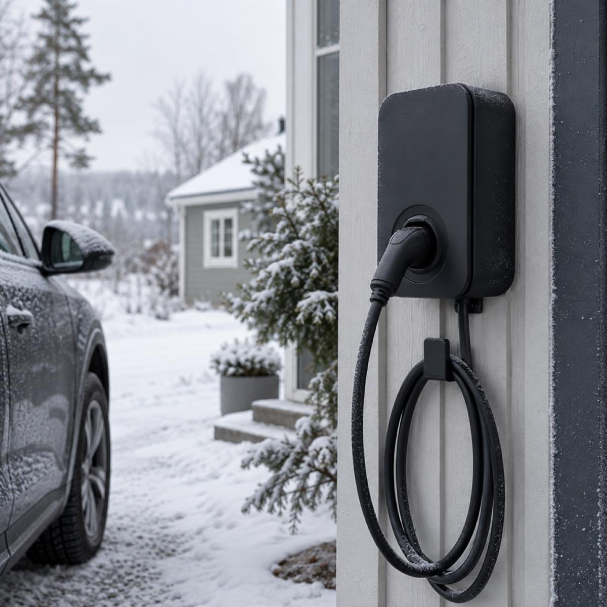 Laddbox på husvägg med snö och frost