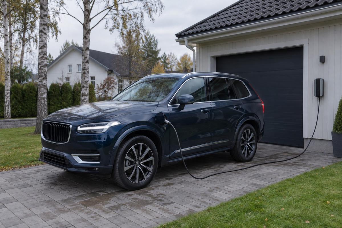 Laddhybrid ansluten till en väggmonterad laddbox på uppfarten till ett hus