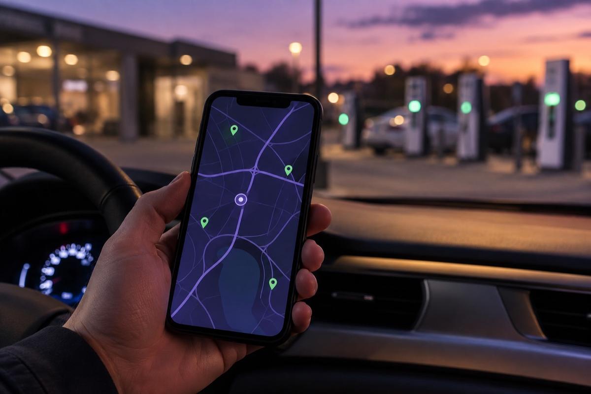 Hand som håller en mobil med kartvy över laddstationer i en bil i skymning