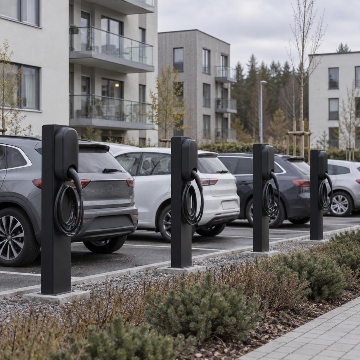 Rad av laddstolpar på en gemensam parkering vid flerbostadshus