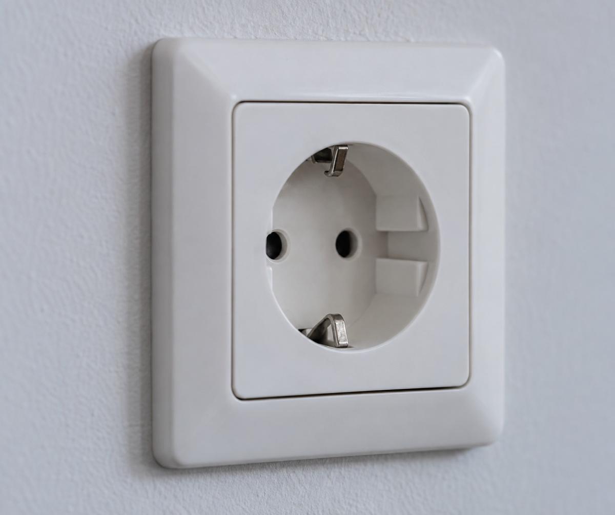 Jordat schuko-uttag i vitt på en vägg i ett svenskt hem