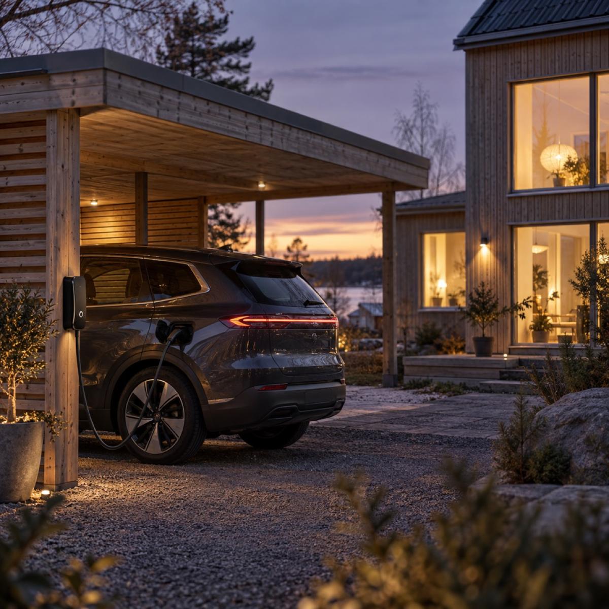 Elbil laddar under carport vid ett svenskt hus i skymning, förberedd för dubbelriktad laddning